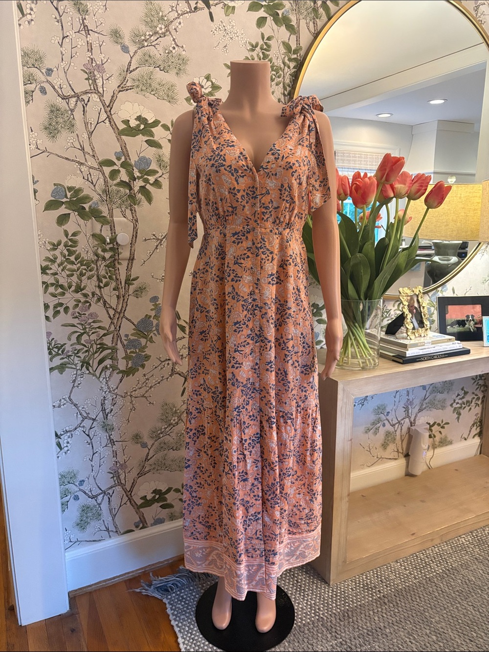 Cleobella Peach Floral Tie-Shoulder Maxi Dress
